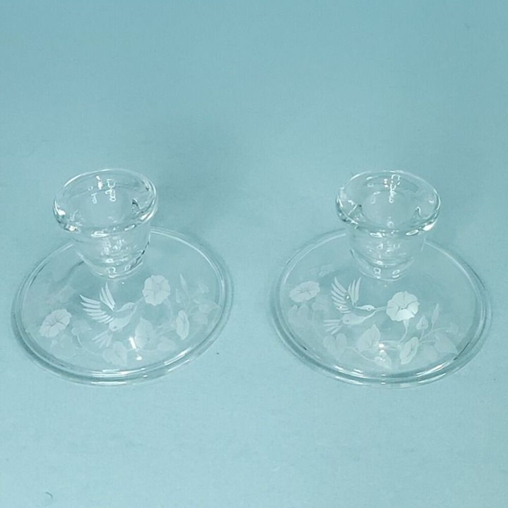 AVON Pair Hummingbird Etched Lead Crystal Individual Candleholders No Box